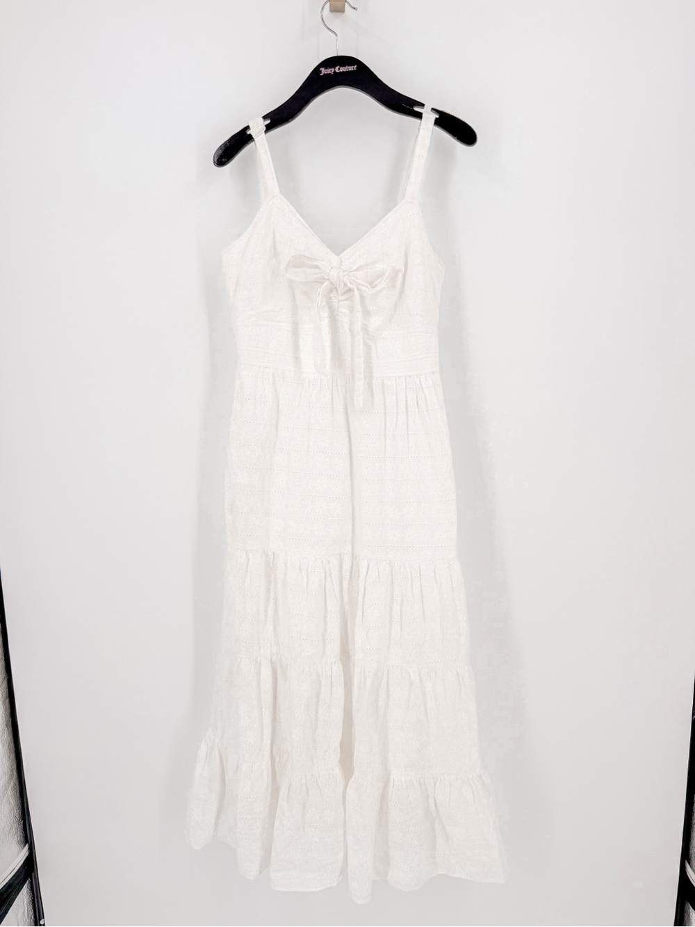 LIKELY White Eyelet Bow Front Tiered Midi Dress Sz 4
